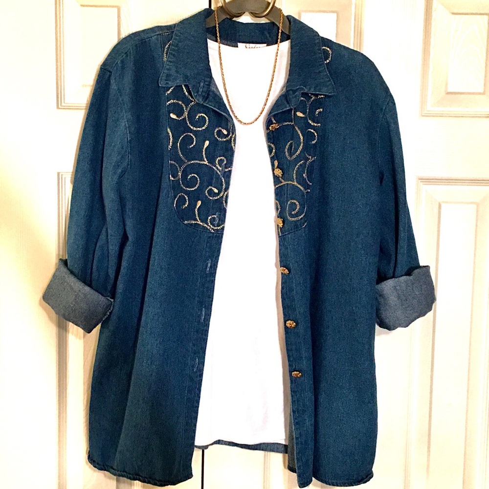 Vintage ‘80s SANDRA SALCEDO Denim Shirt Jacket/Tunic w/Gold Embroidery—SIZE L/XL
